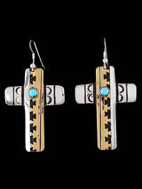 Navajo Overlay Sterling Silver and Gold Cross Dangle Earrings