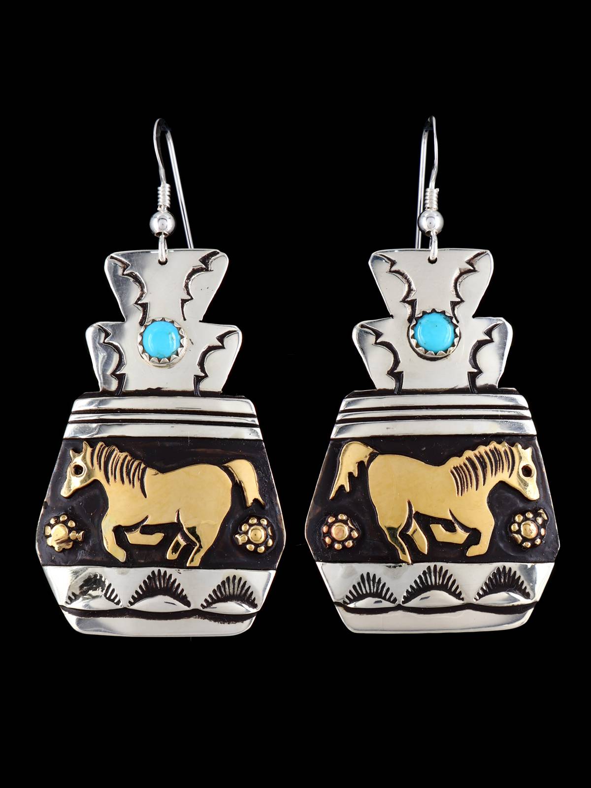 Navajo Overlay Sterling Silver and Gold Dangle Earrings