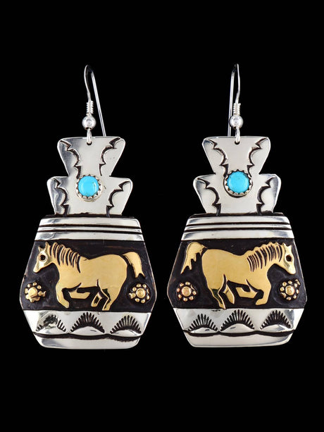 Navajo Overlay Sterling Silver and Gold Dangle Earrings - PuebloDirect.com