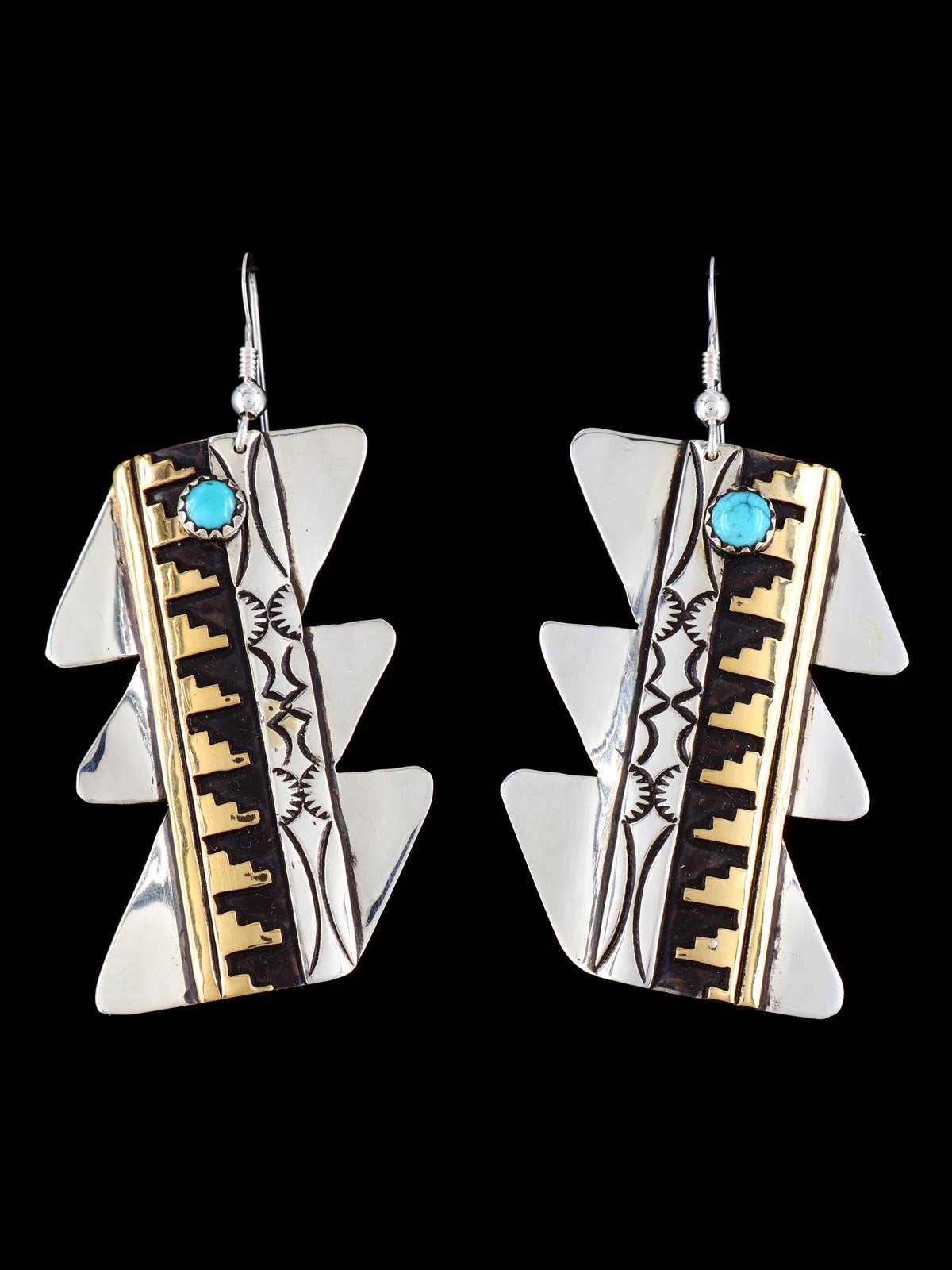 Navajo Overlay Sterling Silver and Gold Dangle Earrings