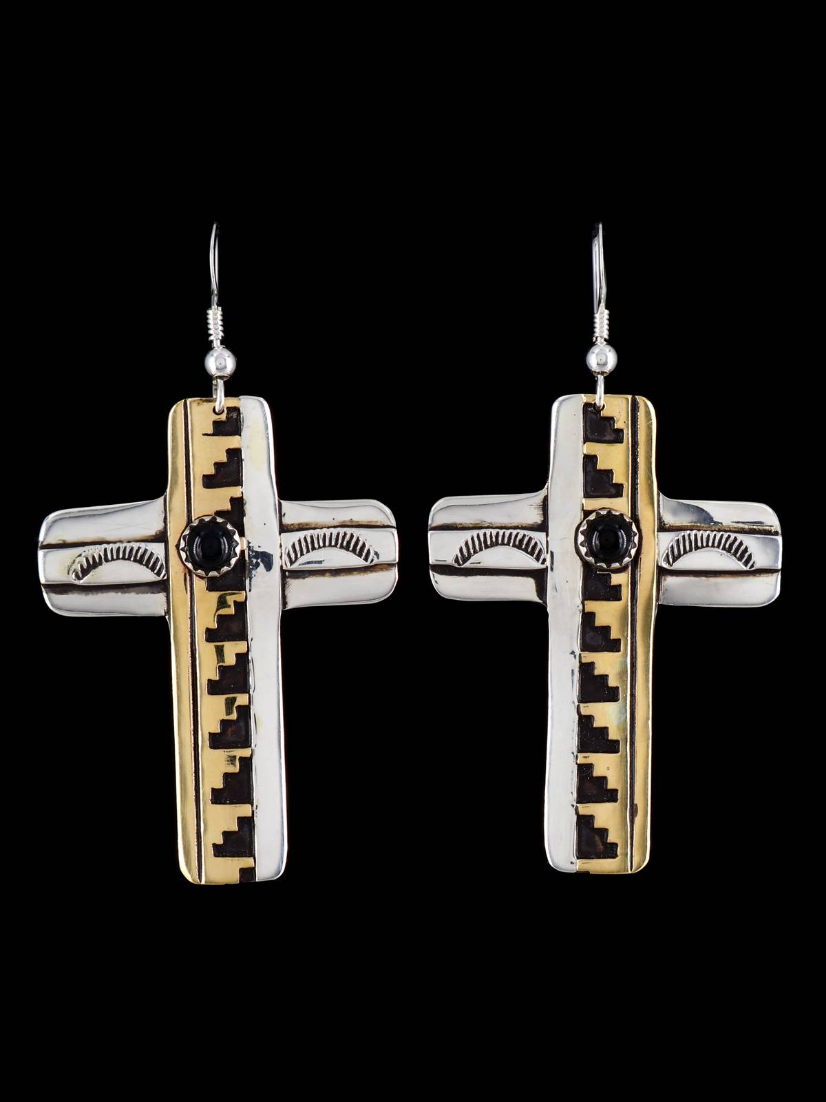 Navajo Overlay Sterling Silver and Gold Cross Dangle Earrings - PuebloDirect.com