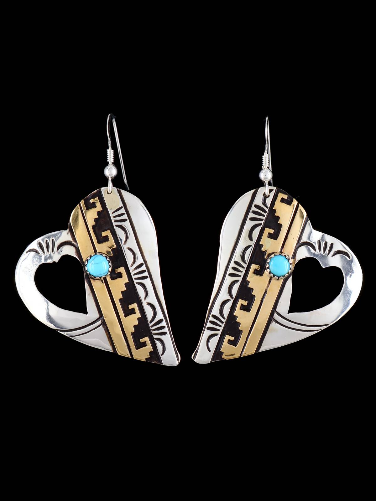 Navajo Overlay Sterling Silver and Gold Heart Dangle Earrings