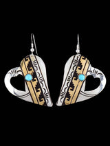 Navajo Overlay Sterling Silver and Gold Heart Dangle Earrings