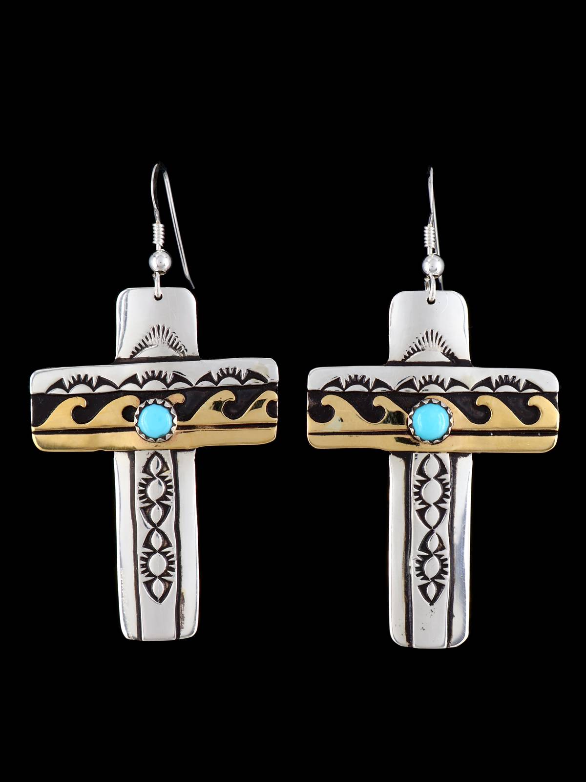 Navajo Overlay Sterling Silver and Gold Cross Dangle Earrings