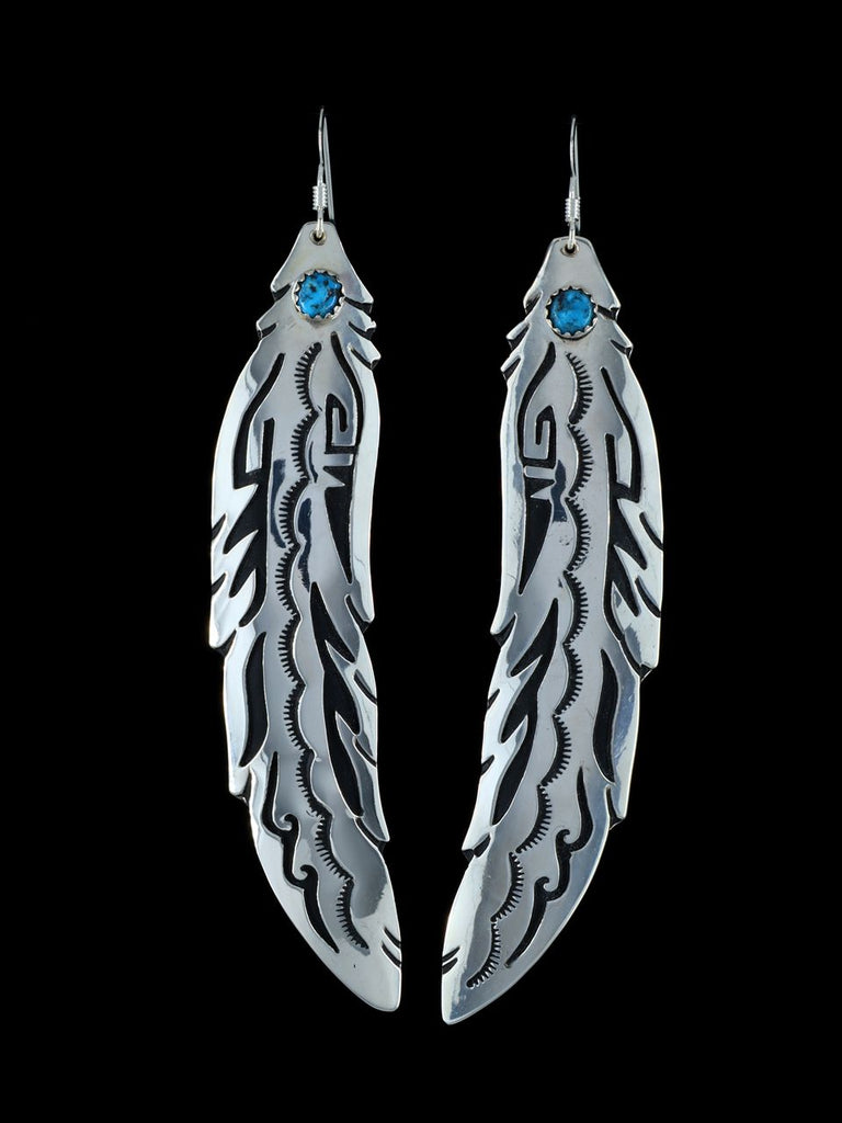 Navajo Overlay Turquoise Dangle Feather Earrings - PuebloDirect.com