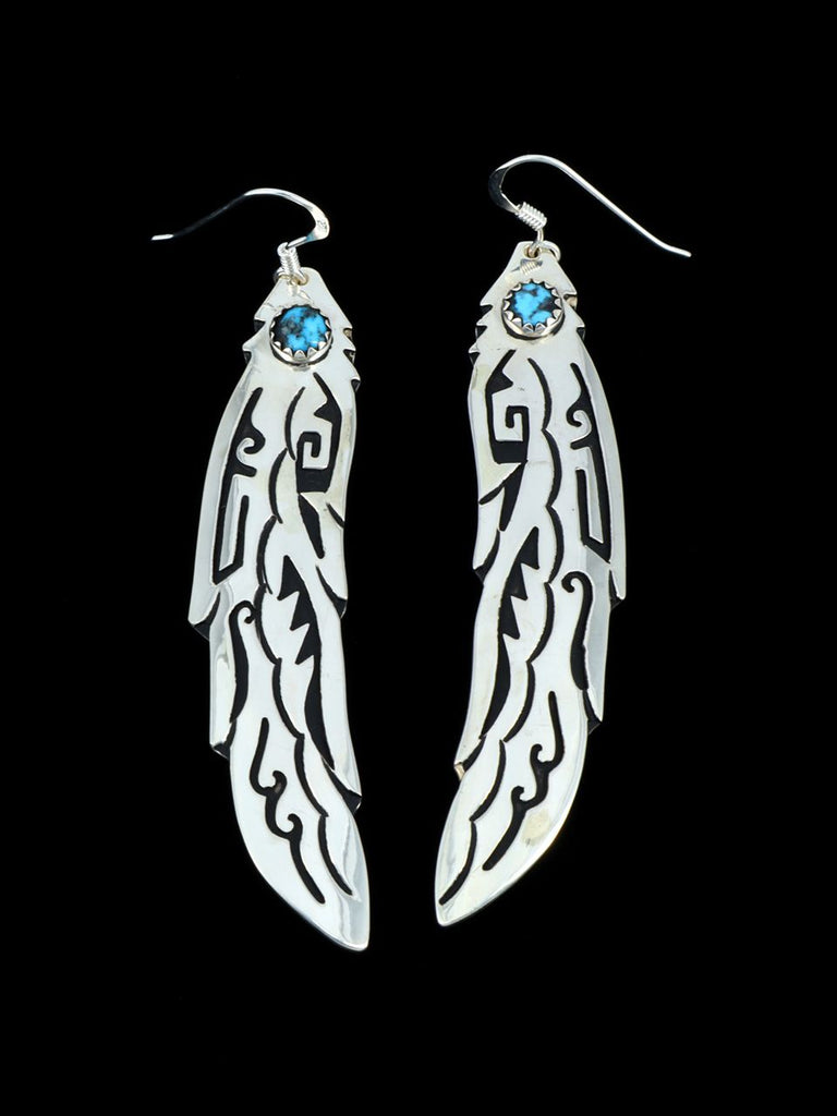 Navajo Overlay Kingman Turquoise Dangle Feather Earrings - PuebloDirect.com