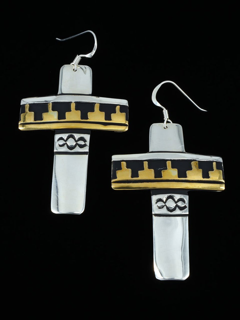 Navajo Sterling Silver and Gold Cross Dangle Overlay Earrings - PuebloDirect.com
