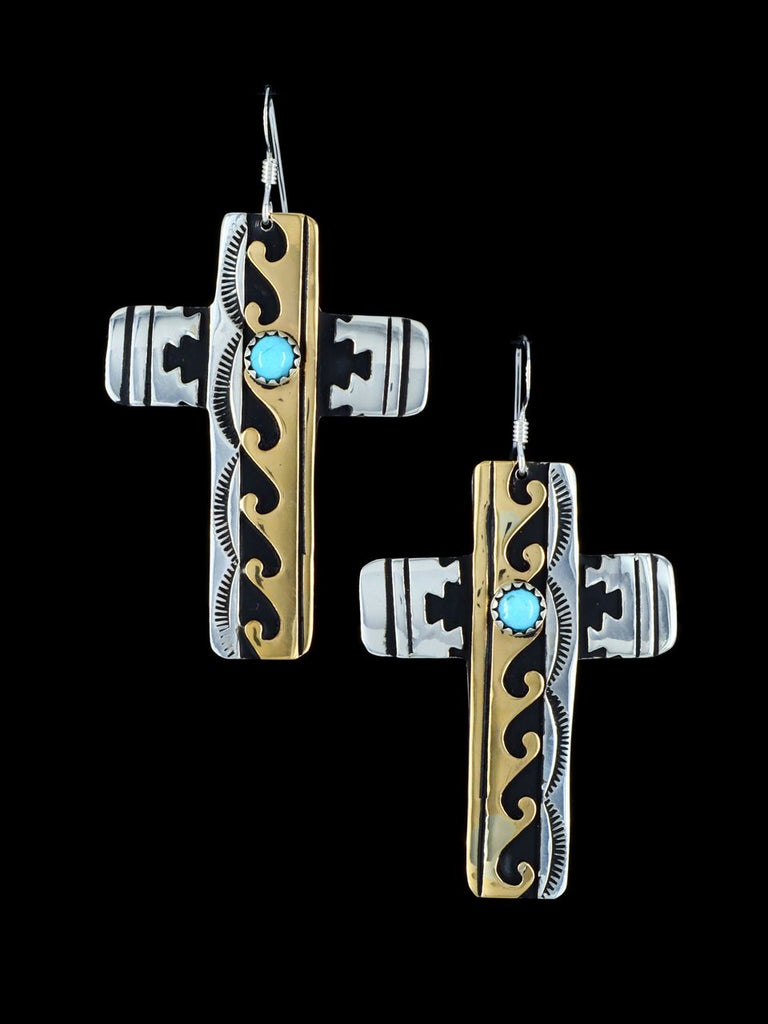 Navajo Overlay Sterling Silver and Gold Cross Dangle Earrings - PuebloDirect.com
