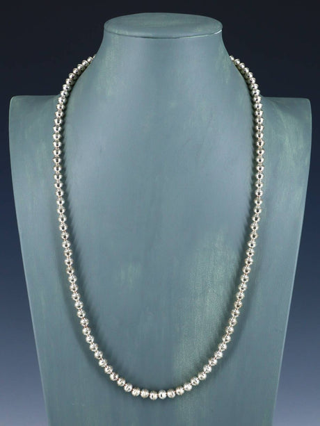 Estate Sterling Silver 6mm Bench Bead Necklace - PuebloDirect.com
