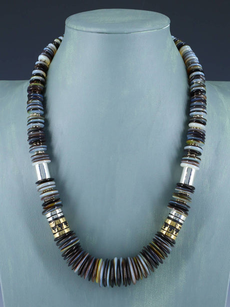 Navajo 21" Striped Agate Large Single Strand Heishi Beaded Necklace - PuebloDirect.com