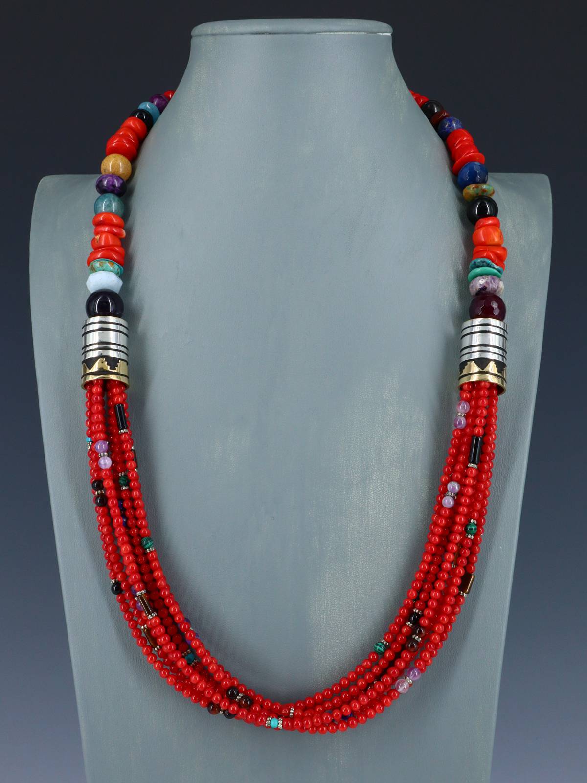 28" Navajo Bamboo Coral Multi Strand Beaded Necklace - PuebloDirect.com