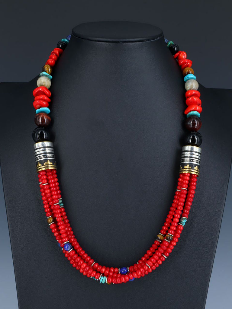 24" Navajo Bamboo Coral Multi Strand Beaded Necklace - PuebloDirect.com