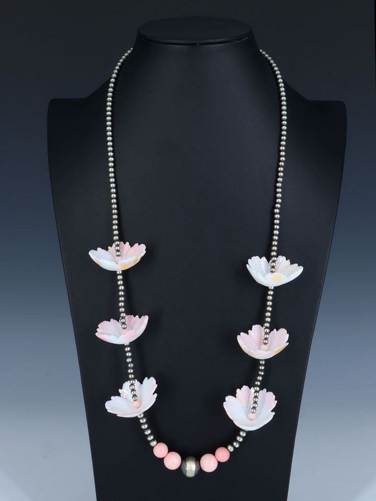 30" Navajo Jewelry Single Strand Pink Conch Carved Flower Sterling Silver Beaded Necklace - PuebloDirect.com
