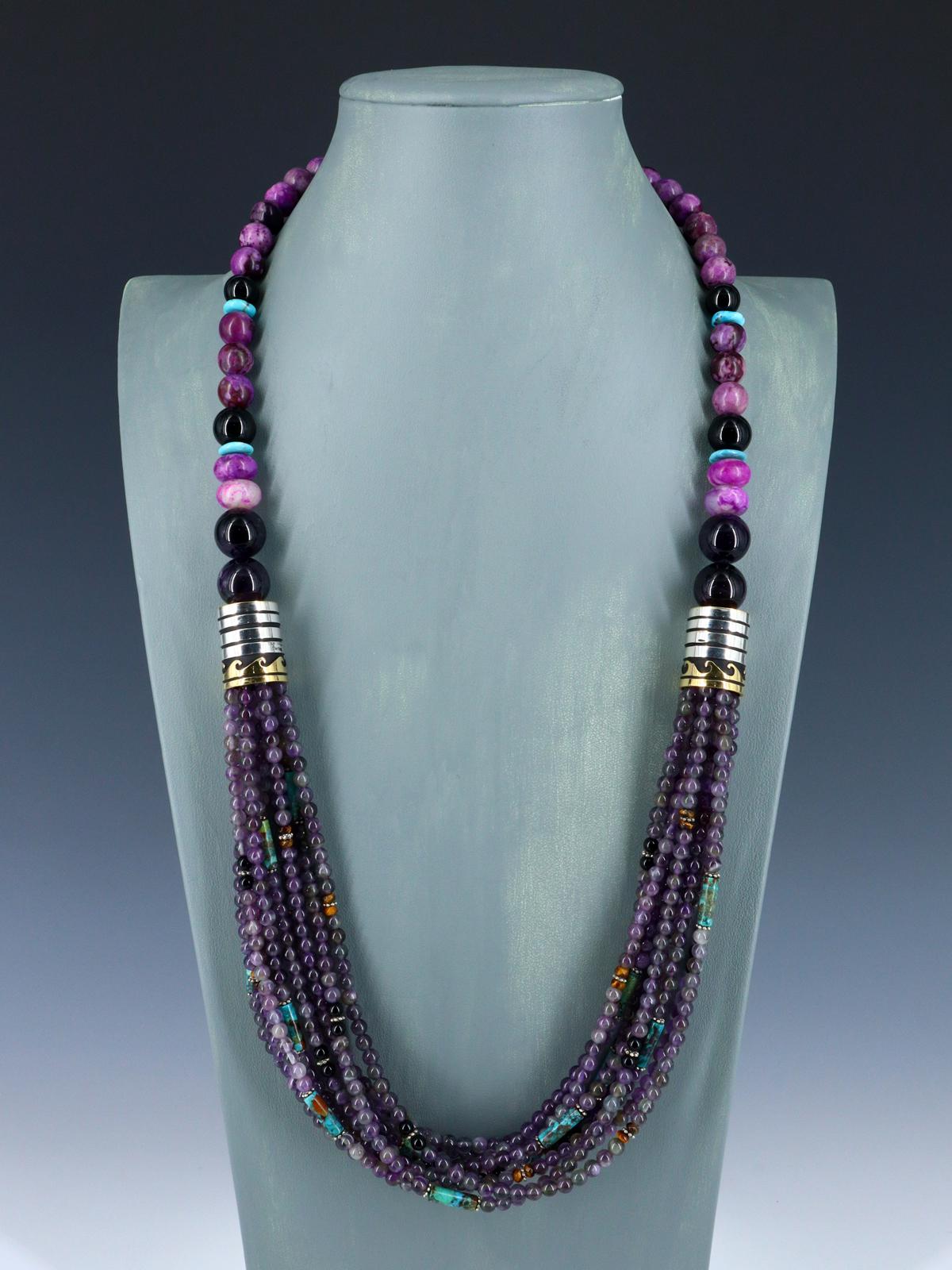 Collier de perles multi-brins Navajo améthyste et turquoise de 30 pouces
