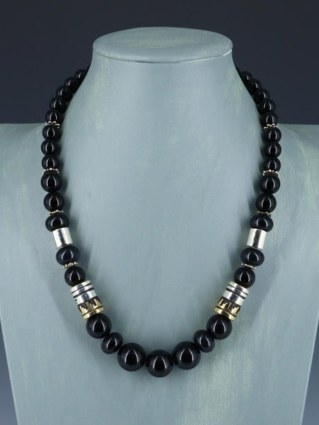 Navajo 21" Black Marble Large Single Strand Beaded Necklace - PuebloDirect.com