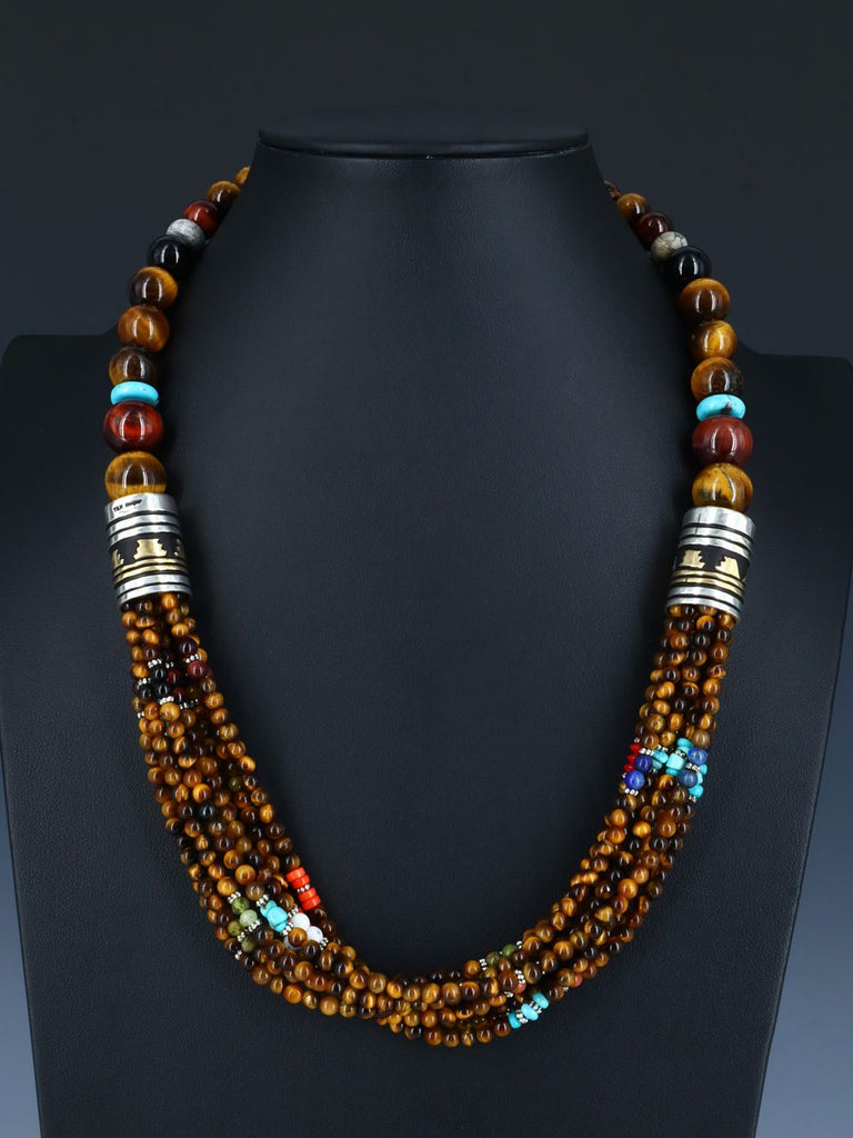 24" Navajo Tiger Eye and Turquoise Multi Strand Beaded Necklace - PuebloDirect.com