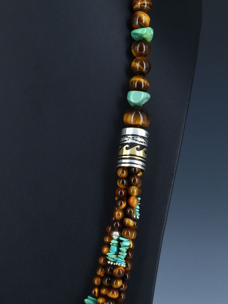 30" Tiger Eye and Turquoise Multi Strand Beaded Necklace - PuebloDirect.com