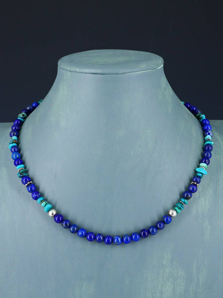 18" Navajo Single Strand Lapis and Turquoise Necklace - PuebloDirect.com