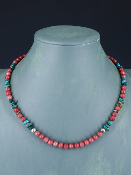 18" Navajo Single Strand Pink Marble and Turquoise Necklace - PuebloDirect.com