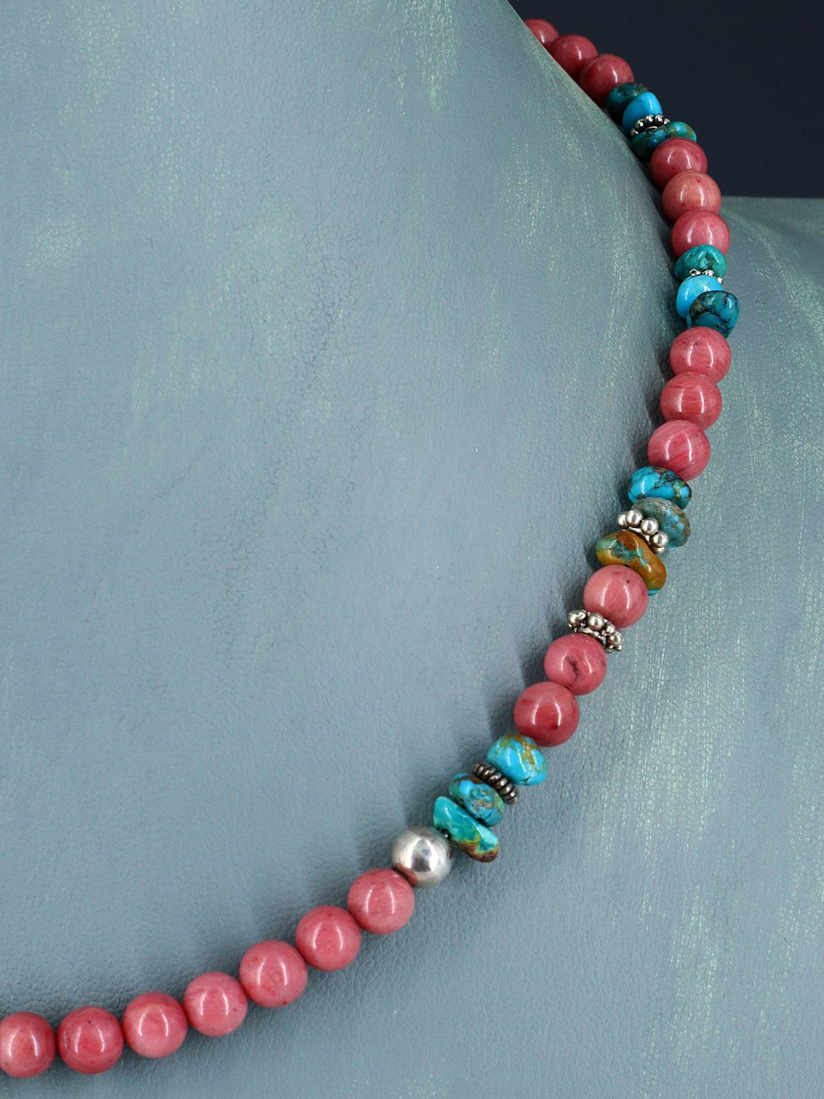 18" Navajo Single Strand Pink Marble and Turquoise Necklace