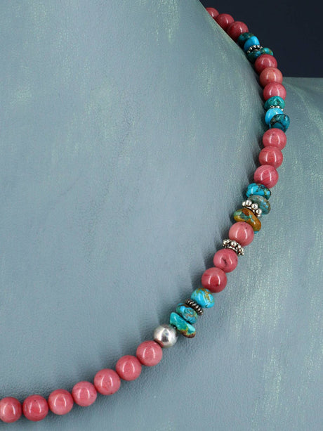 18" Navajo Single Strand Pink Marble and Turquoise Necklace - PuebloDirect.com