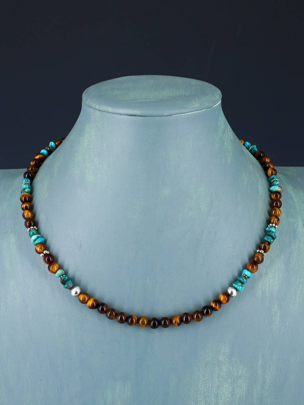 18" Navajo Single Strand Tiger Eye and Turquoise Necklace