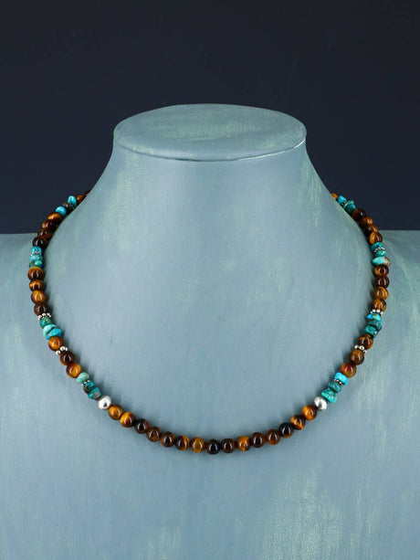 18" Navajo Single Strand Tiger Eye and Turquoise Necklace - PuebloDirect.com