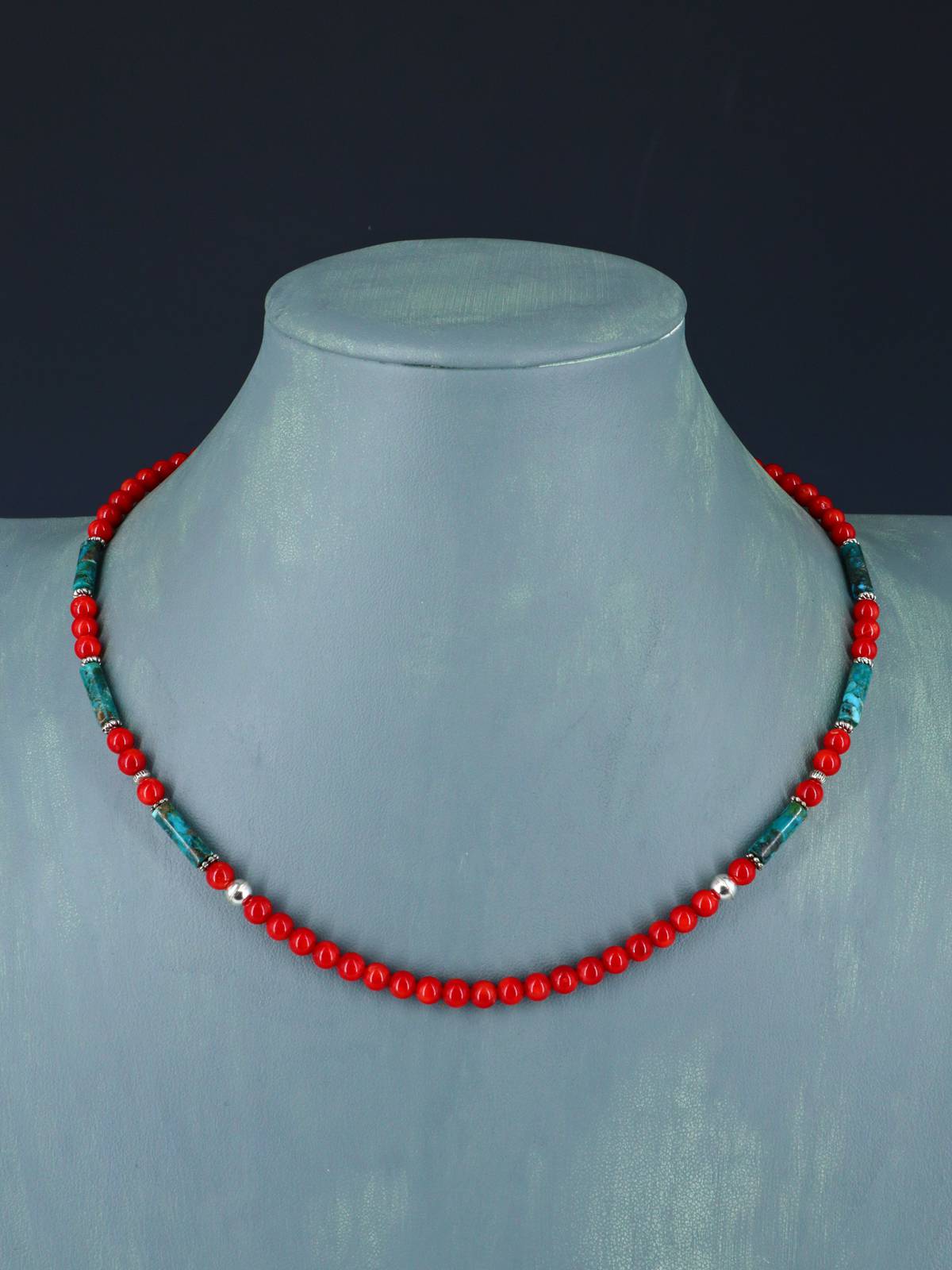 18" Navajo Single Strand Dyed Bamboo Coral and Turquoise Necklace