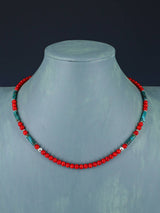 18" Navajo Single Strand Dyed Bamboo Coral and Turquoise Necklace