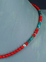 18" Navajo Single Strand Dyed Bamboo Coral and Turquoise Necklace