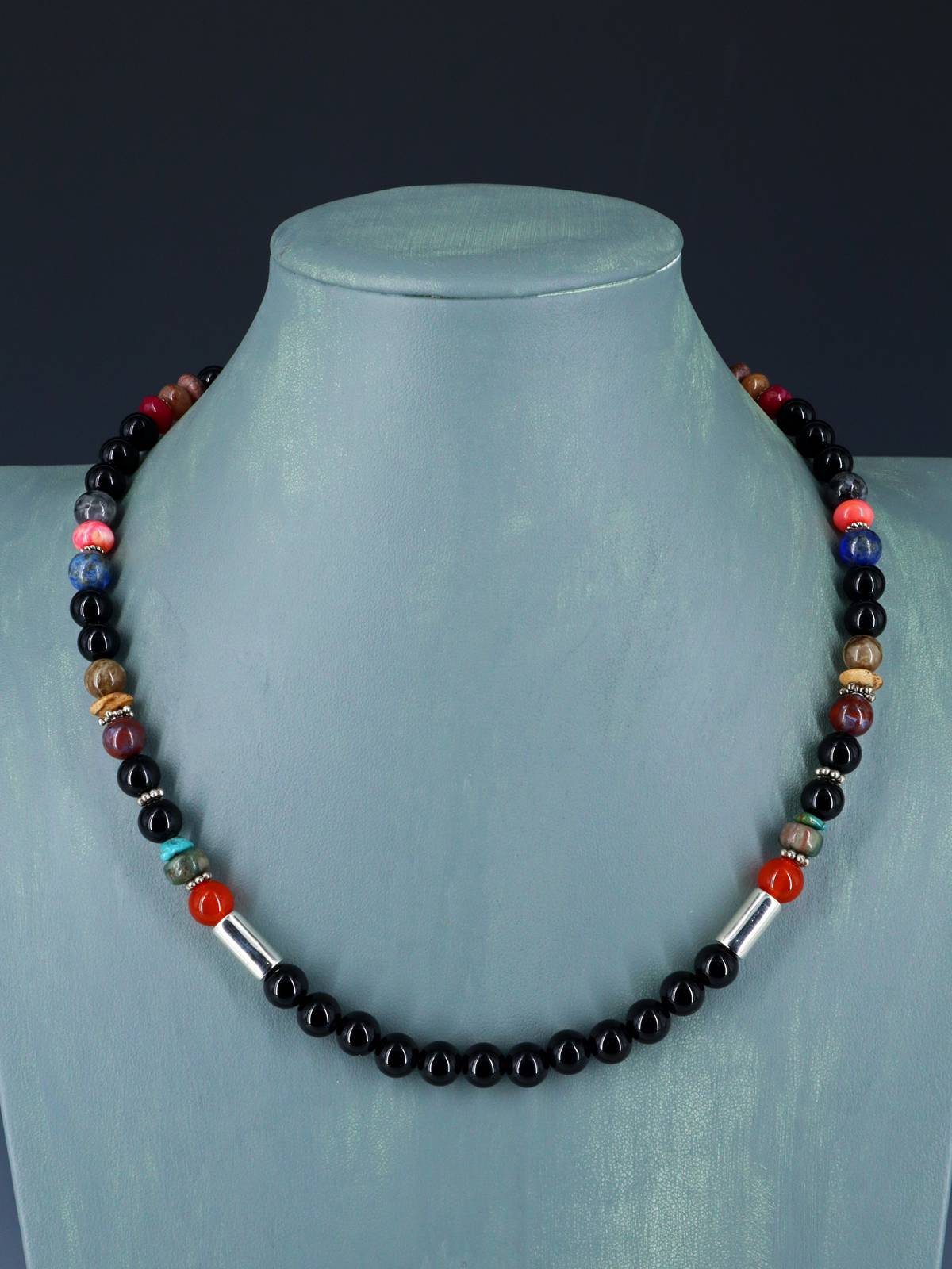 20" Navajo Single Strand Black Onyx and Multistone Necklace
