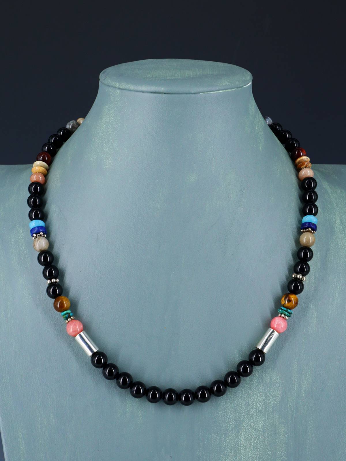 20" Navajo Single Strand Black Onyx and Multistone Necklace