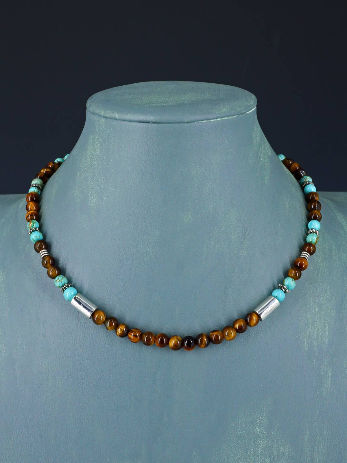 16" Navajo Single Strand Tiger Eye and Turquoise Necklace
