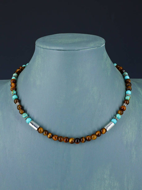 16" Navajo Single Strand Tiger Eye and Turquoise Necklace - PuebloDirect.com