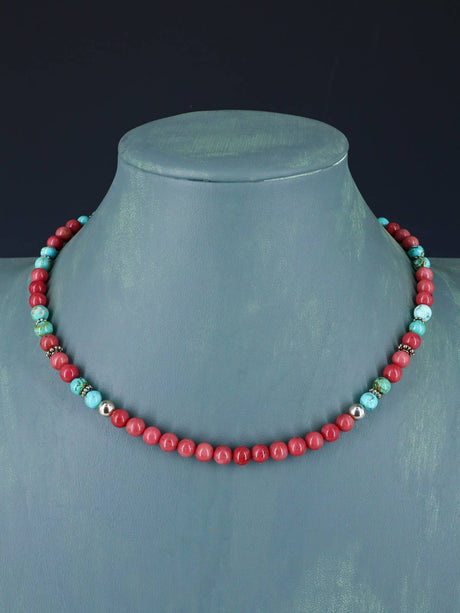 16" Navajo Single Strand Pink Marble and Turquoise Necklace - PuebloDirect.com