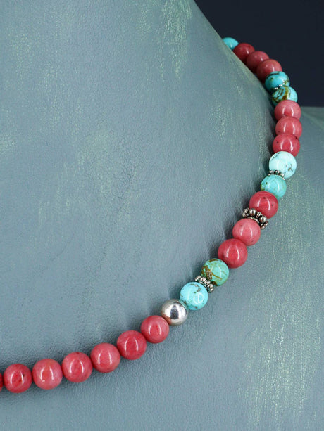 16" Navajo Single Strand Pink Marble and Turquoise Necklace - PuebloDirect.com