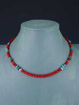 16" Navajo Single Strand Dyed Bamboo Coral and Turquoise Necklace