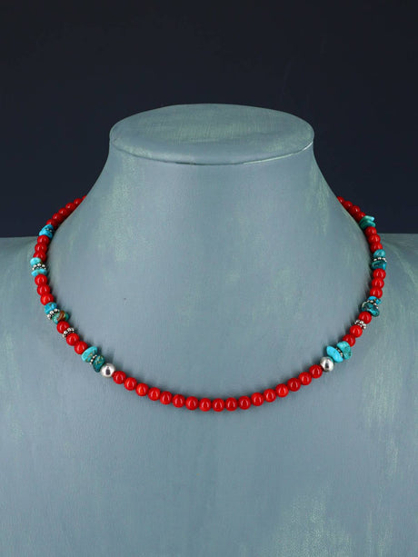 16" Navajo Single Strand Dyed Bamboo Coral and Turquoise Necklace - PuebloDirect.com