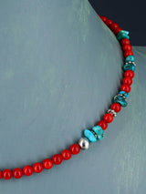 16" Navajo Single Strand Dyed Bamboo Coral and Turquoise Necklace