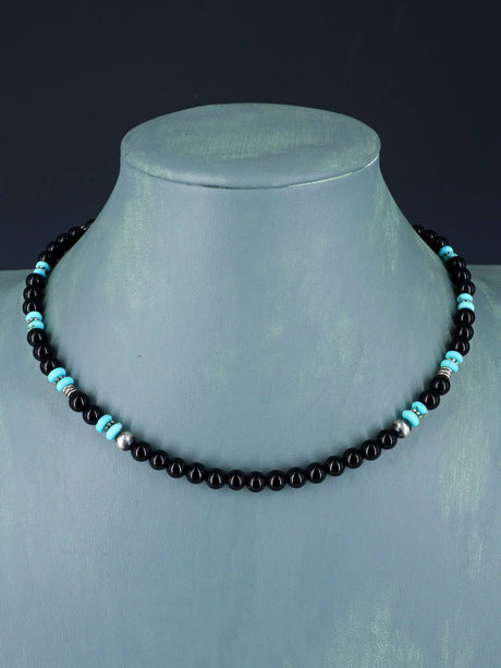 16" Navajo Single Strand Onyx and Turquoise Necklace - PuebloDirect.com