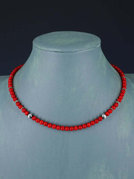 16" Navajo Single Strand Dyed Bamboo Coral Necklace - PuebloDirect.com