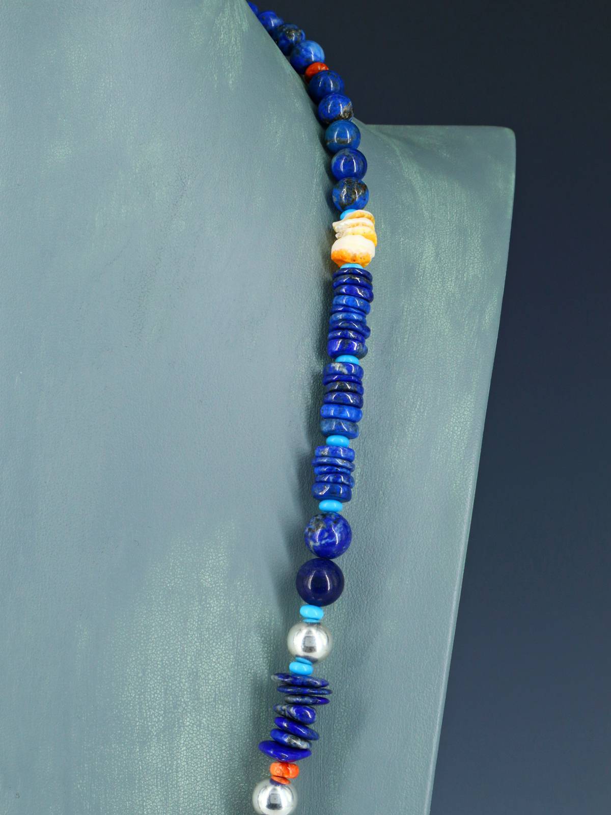Lapis and Spiny Oyster Beaded Single Strand Necklace