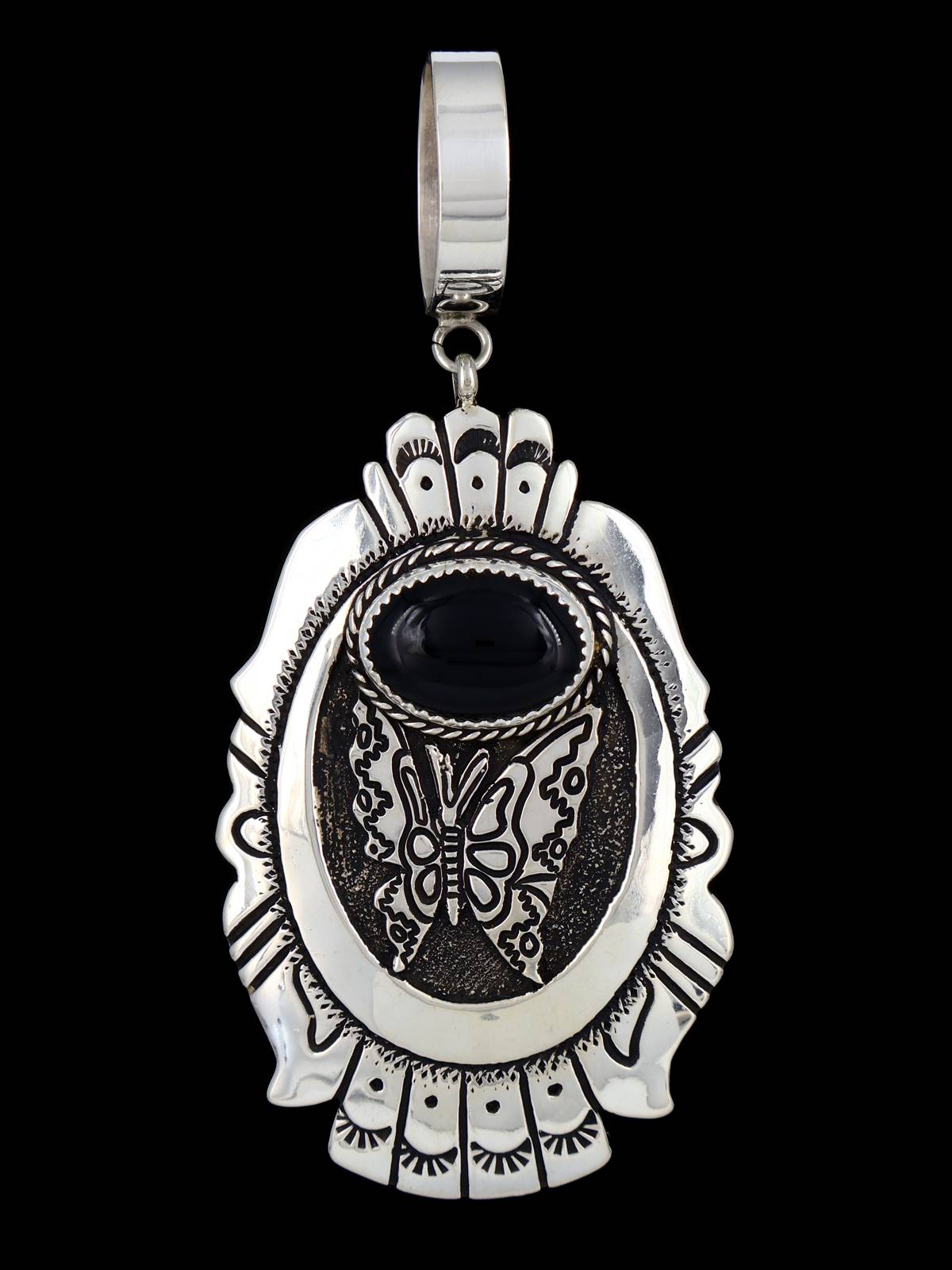 Native American Sterling Silver Overlay Onyx Pendant