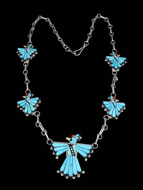 Turquoise Sterling Silver Zuni Thunderbird Necklace - PuebloDirect.com