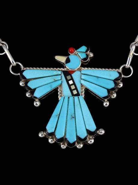Turquoise Sterling Silver Zuni Thunderbird Necklace - PuebloDirect.com