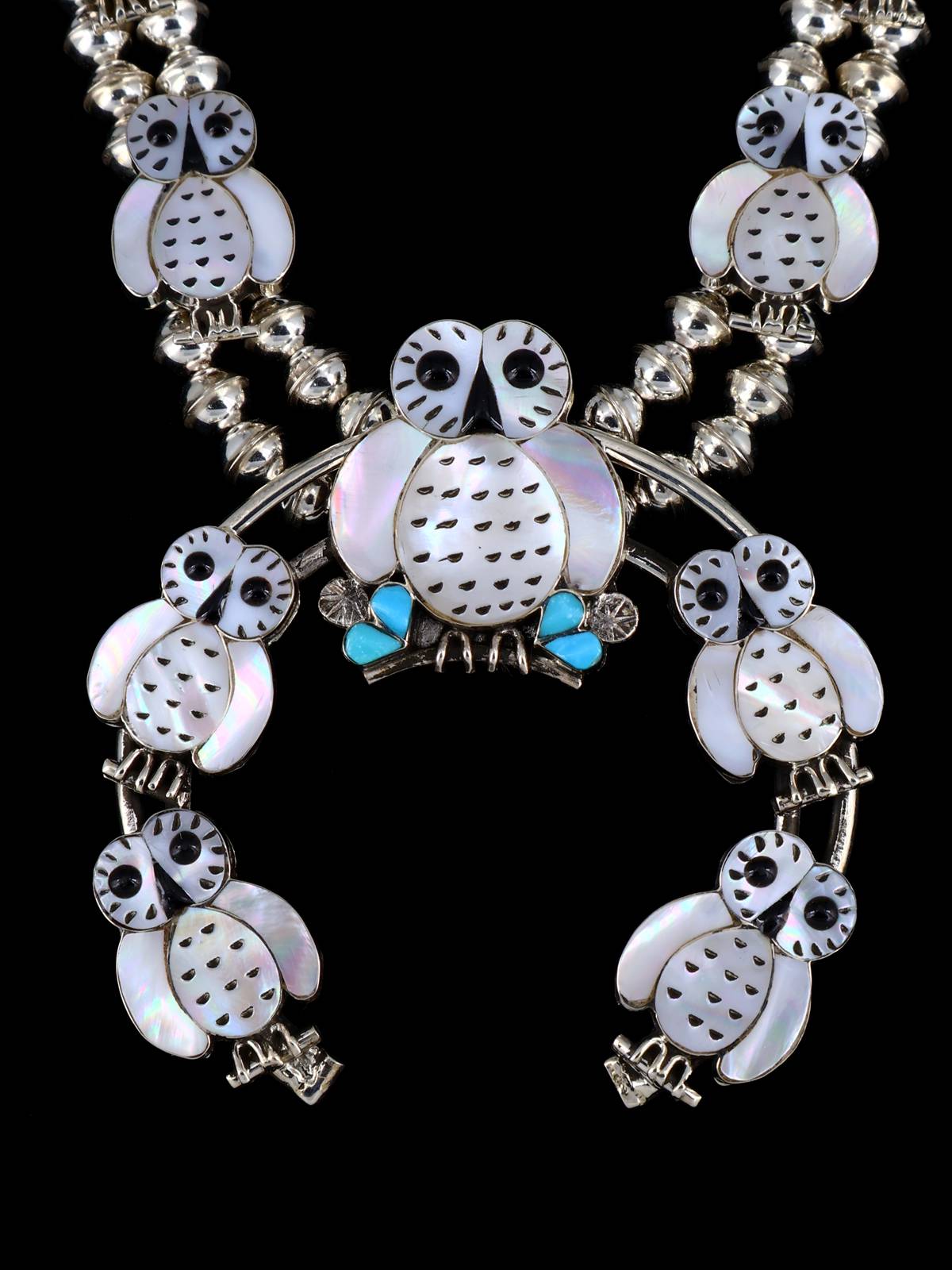 Zuni Mother of Pearl Owl Squash Blossom Necklace Set - PuebloDirect.com