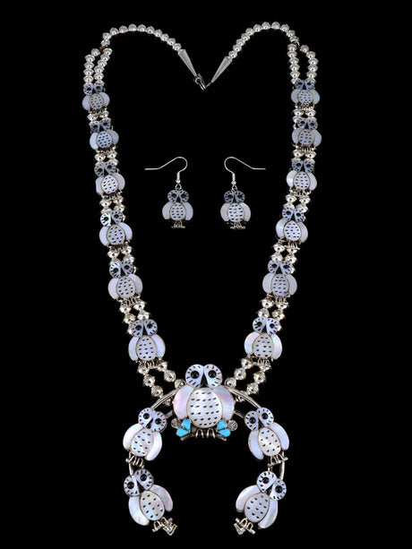 Zuni Mother of Pearl Owl Squash Blossom Necklace Set - PuebloDirect.com