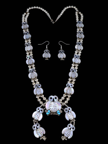 Zuni Mother of Pearl Owl Squash Blossom Necklace Set