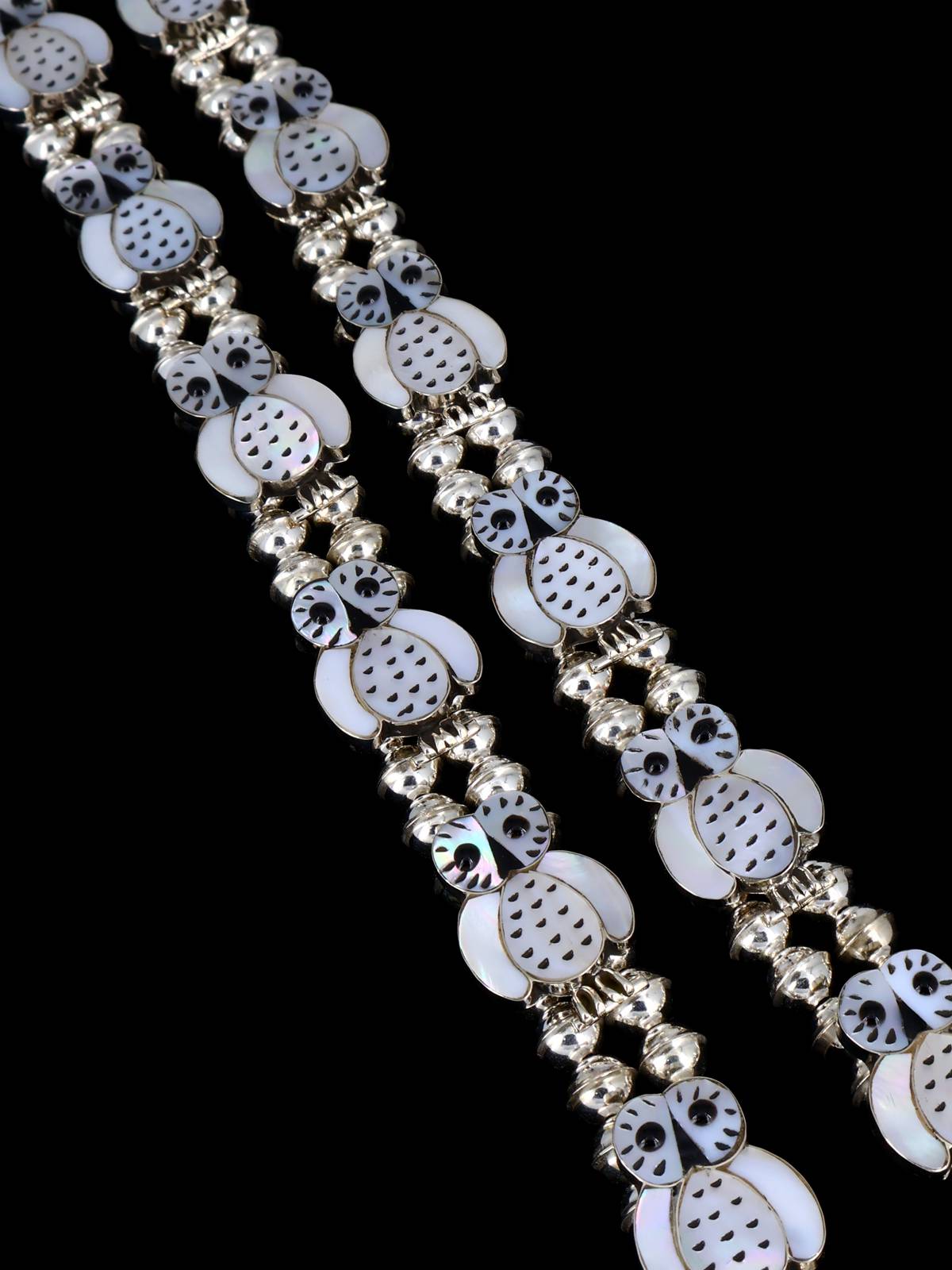 Zuni Mother of Pearl Owl Squash Blossom Necklace Set - PuebloDirect.com