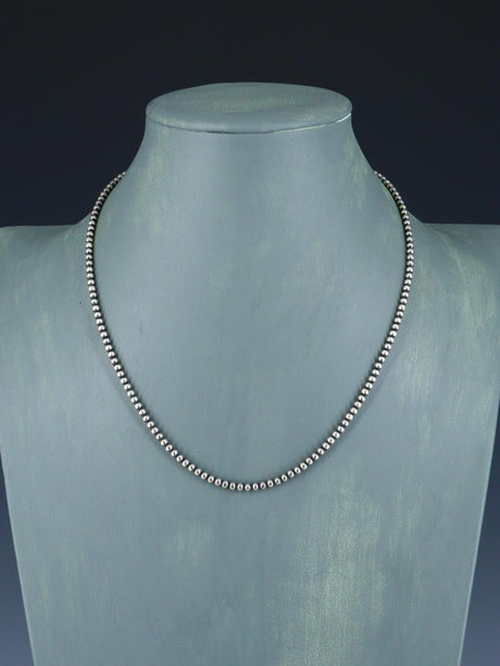 3mm Native American Sterling Silver Beaded Necklace, Multiple Lengths - PuebloDirect.com